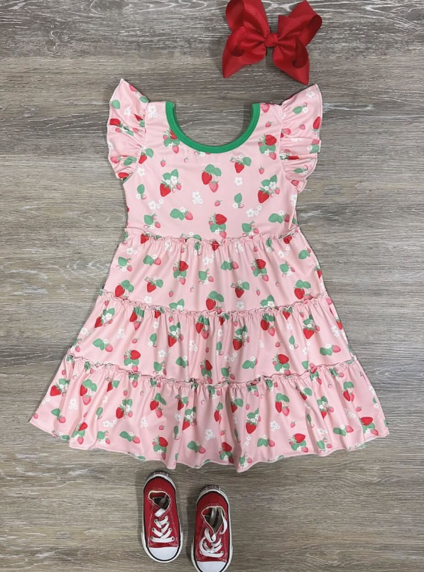 Baby Girls Strawberry Flutter Sleeve Knee Length Dresses