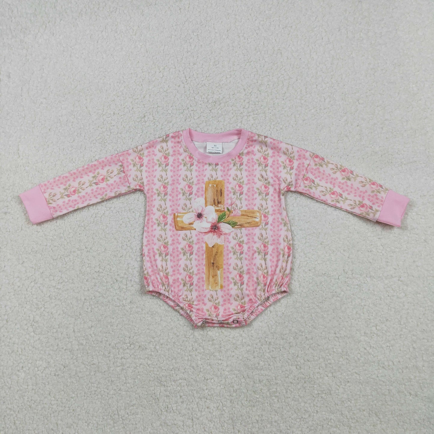Baby Girls Pink Flowers Stripe Cross Easter Rompers