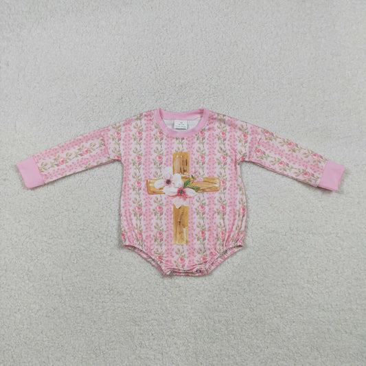 Baby Girls Pink Flowers Stripe Cross Easter Rompers