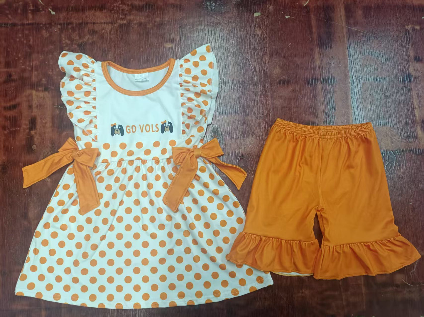 Preorder moq 5 Baby Girls Flutter Sleeves Orange Polka Dots Go Vols Bows Tunic Ruffle Short Set