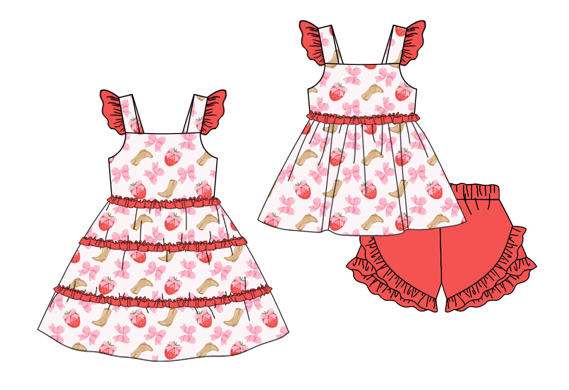 Preorder(moq 5 each) Baby Girls Western Boots Strawberry Bows Ruffles Summer Dress Shorts Sets