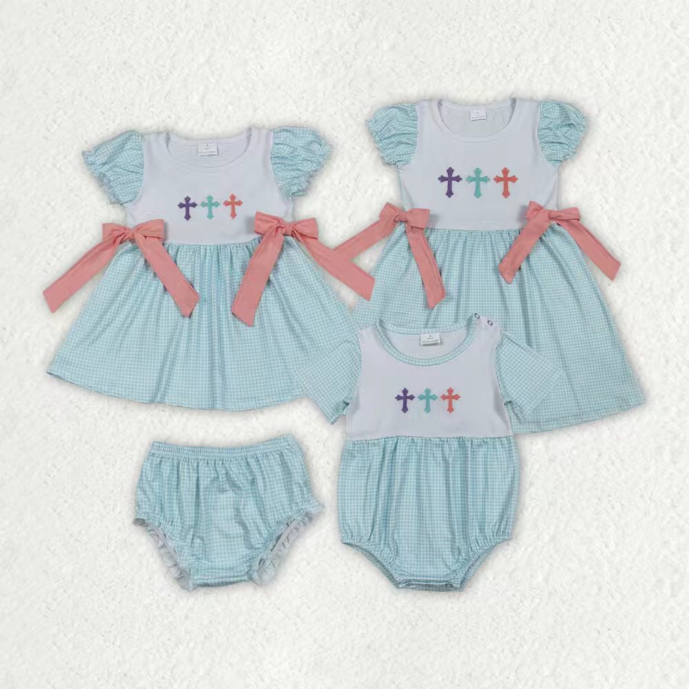 Embroidery Crosses Baby Girls Bows Easter Knee Length Dresses Bummies Clothes Sets