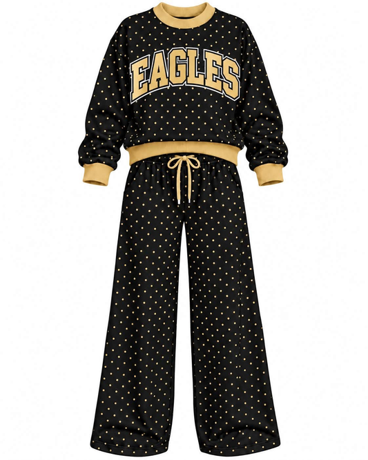 Preorder (moq 5) Baby Girls Black Eagles Polka Dots Top Pants Outfits Sets