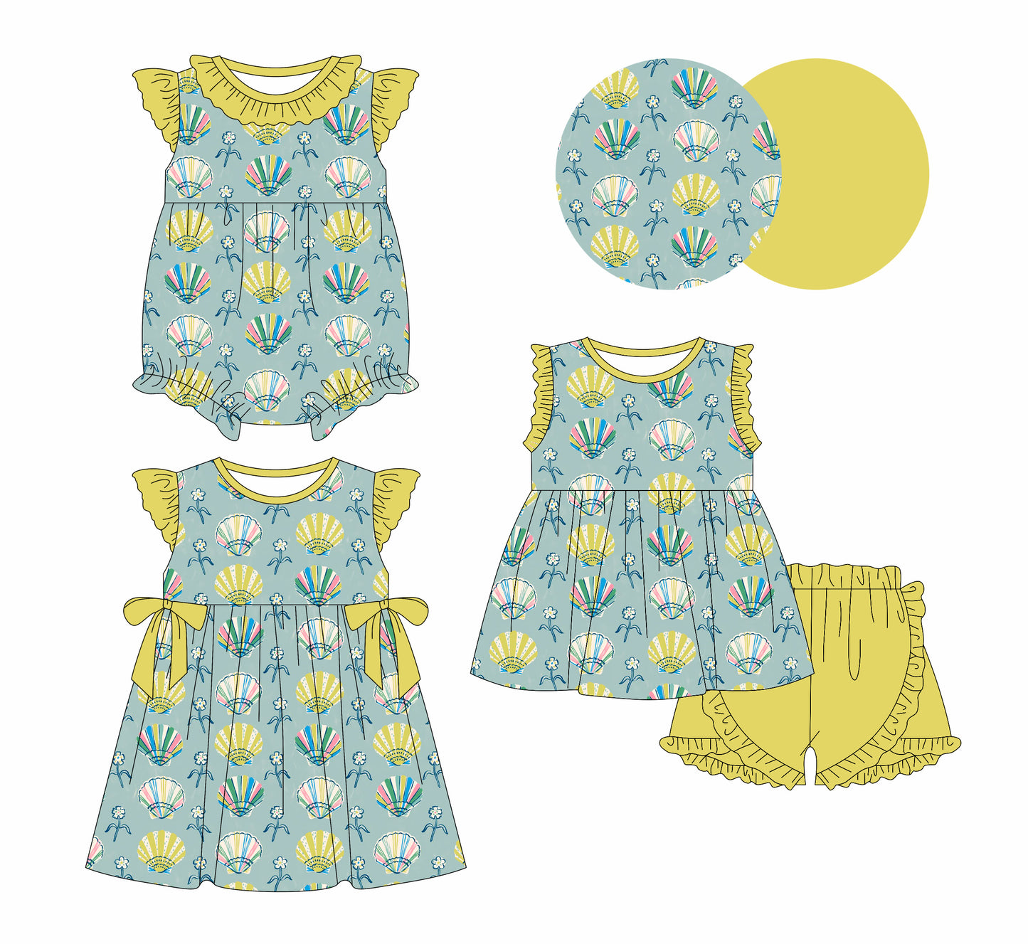 Preorder moq 5 Custom Baby Girls Shell Flowers Tunic Ruffle Short Set Knee Length Dress Romper