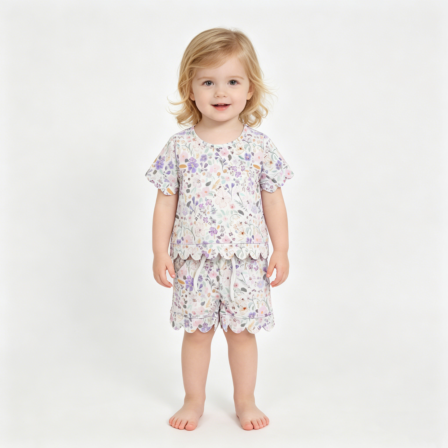 Baby Girls Short Sleeve Colorful Flowers Top Pockets Shorts Scallop Clothes Sets