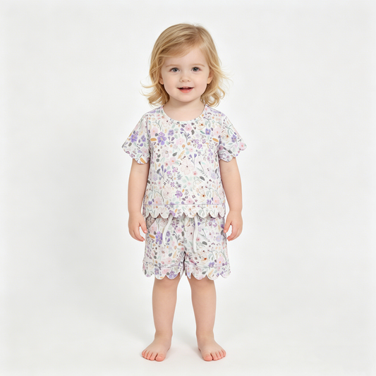 Baby Girls Short Sleeve Colorful Flowers Top Pockets Shorts Scallop Clothes Sets