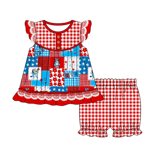 Baby Girls Dog 4th Of July Tunic Elastic Shorts Clothes Sets Preorder(moq 5)