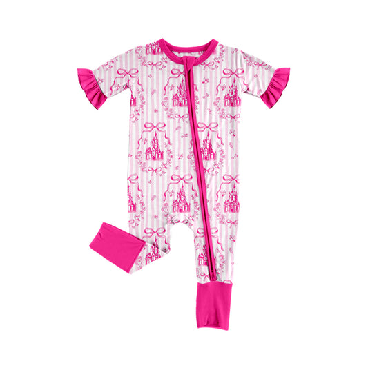 Preorder (moq 5)Baby Girls Pink Stripe Bows Castles Two Way Convertible Zip Rompers