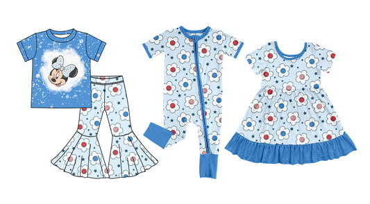 Preorder(moq 5 each)Sibling Baby Girls 4th July Cartoon Mouse Blue Flowers Romper Dress Pajamas Sets