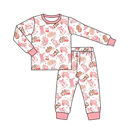 Baby Girls Western Boots Bows Top Pants Pajamas Clothes Sets Preorder(moq 5)