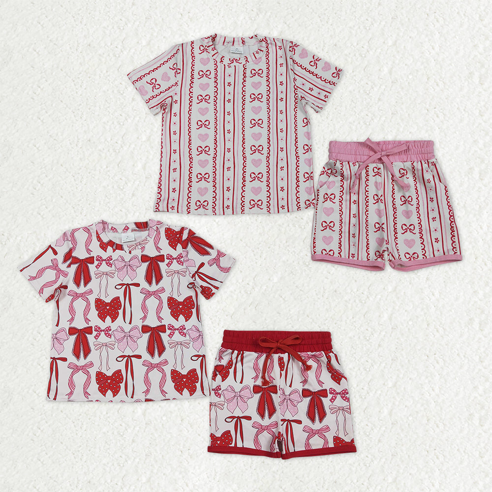 Sibling Baby Girls Hearts Bows Top Pockets Shorts Valentines Clothes Sets
