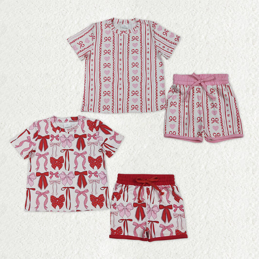 Sibling Baby Girls Hearts Bows Top Pockets Shorts Valentines Clothes Sets