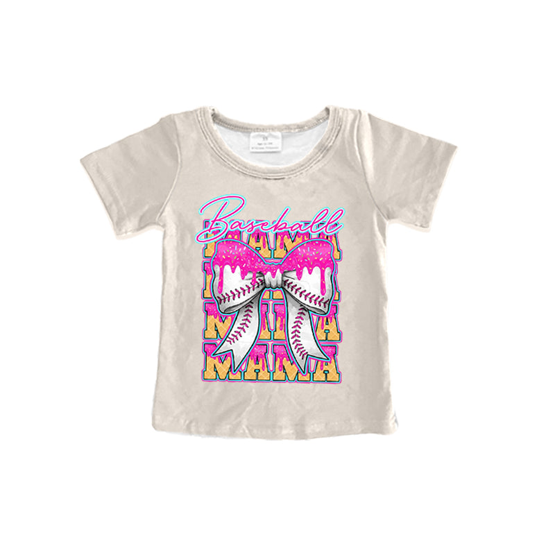 Preorder moq 5 Adult Women Khaki Short Sleeves Mama Baseballs Bows Tee Shirts Top