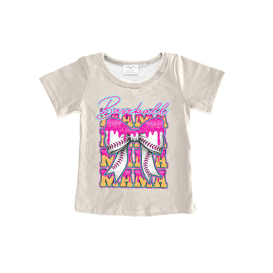 Preorder moq 5 Adult Women Khaki Short Sleeves Mama Baseballs Bows Tee Shirts Top