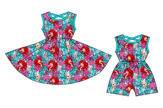 Preorder moq 5 Custom Baby Girls Blue Sleeveless Floral Mermaid Knee Length Dress Pockets Jumpsuits