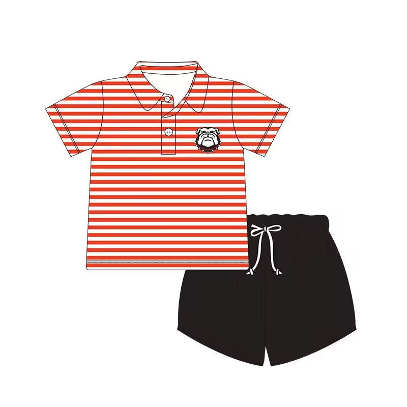Preorder moq 5 Baby Boys Red Stripe Bulldogs Button Polo Shirt Top Short Team Clothes Set