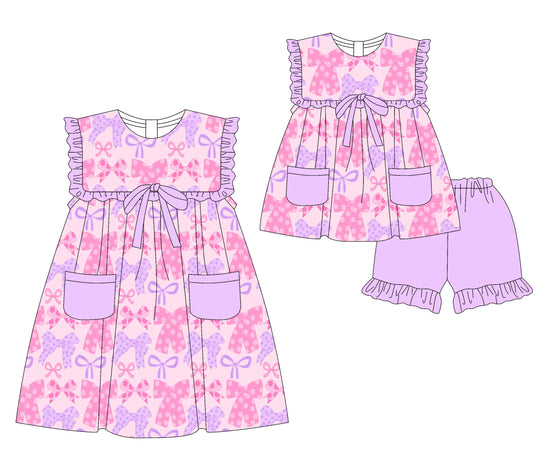 Preorder moq 5 Custom Baby Girls Lavender Floral Bows Pockets Tunic Ruffle Short Set Knee Length Dresses