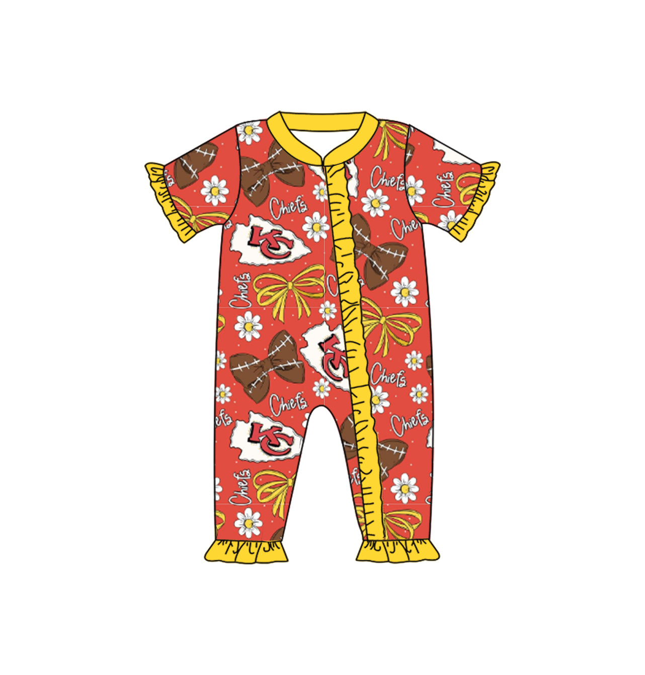 Preorder(moq 5)Baby Infant Girls KC Chief Bows Flowers Zip Rompers