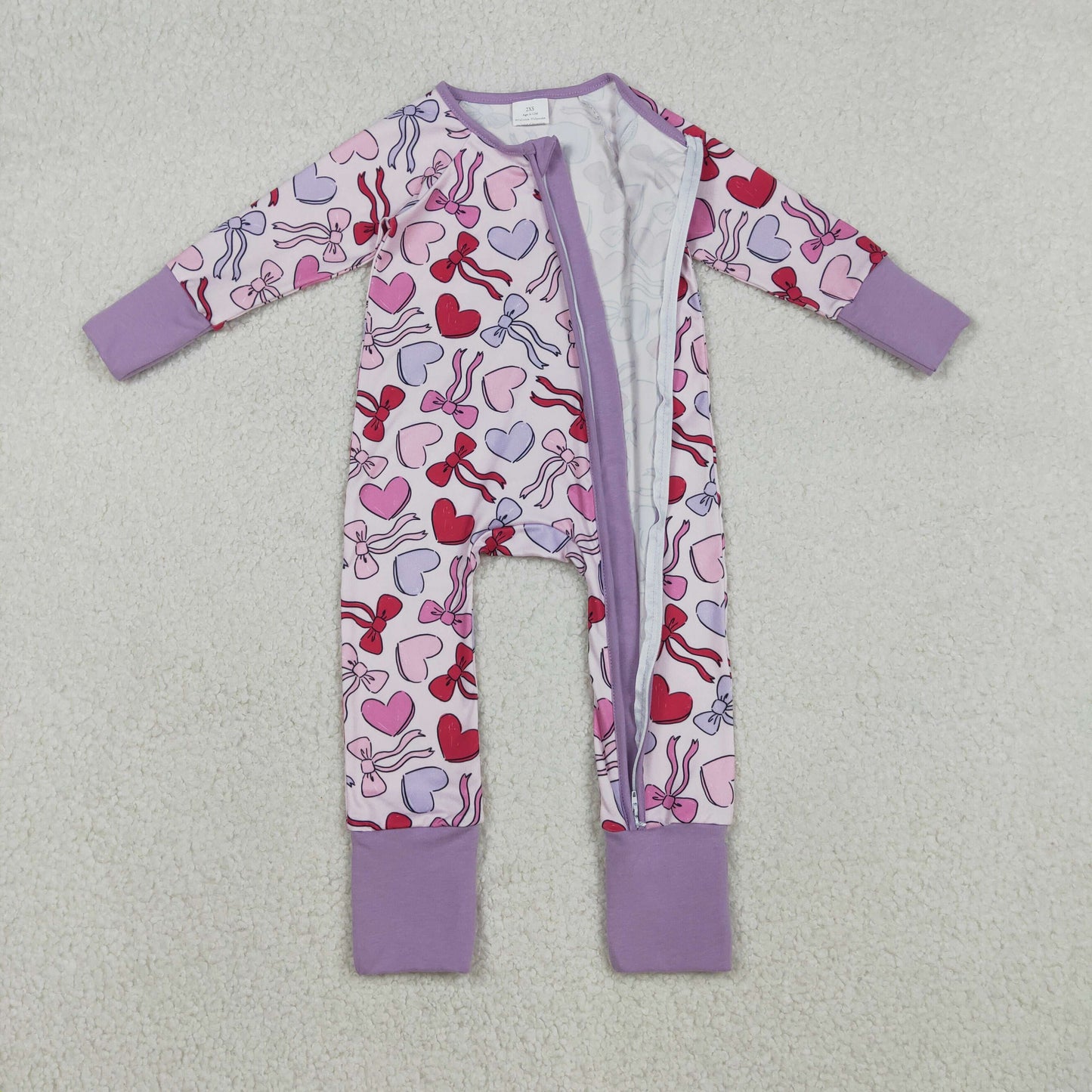 Baby Girls Long Sleeve Hearts Bows Valentines Two Way Zip Convertible Rompers