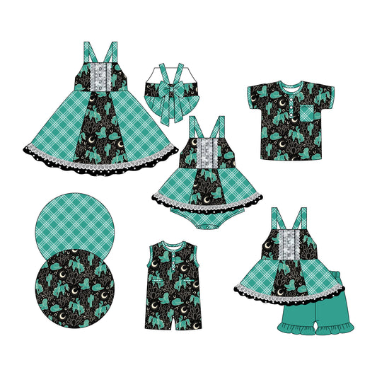 Preorder moq 5 Custom Baby Kids Green Strap Cactus Horses Plaid Tunic Ruffle Short Set Button Pocket Polo Shirts Rompers Knee Length Dress And Bummies Set