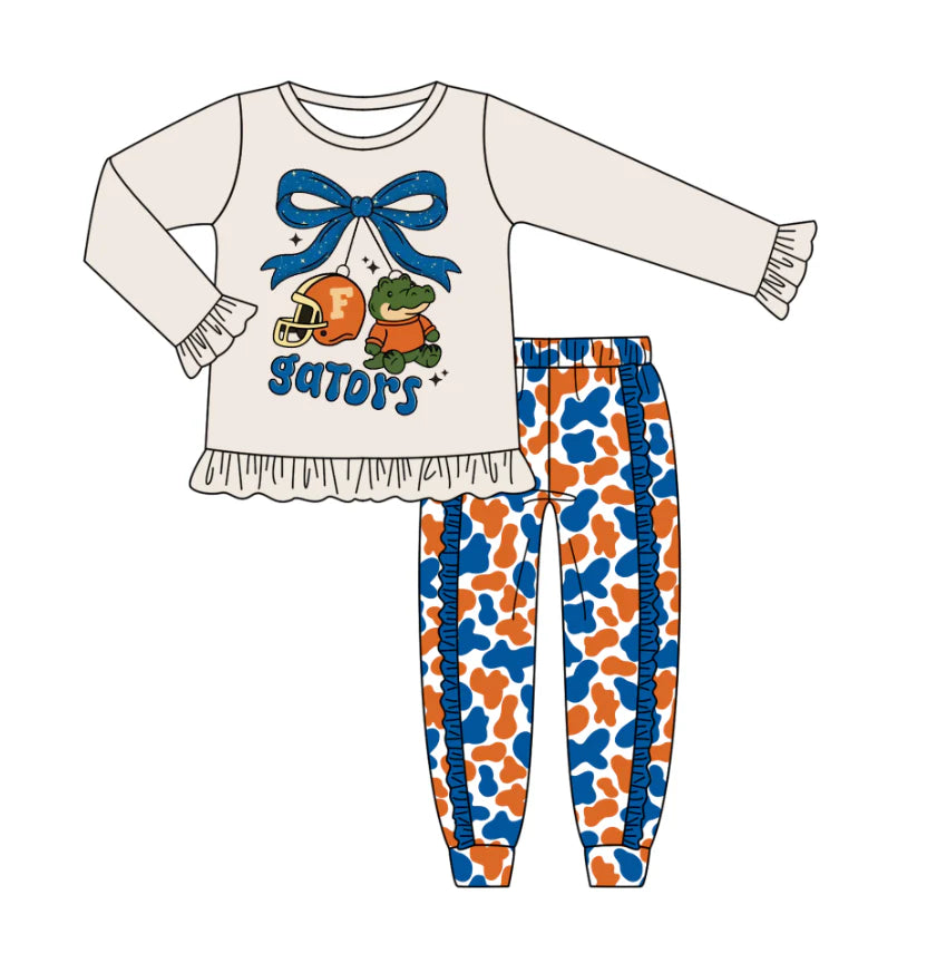 Preorder (moq 5)Baby Girls Grey Gators Team Top Ruffle Pants Outfits Sets