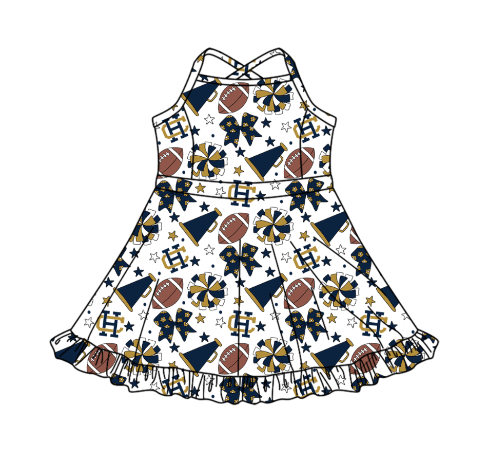 Preorder (moq 5)Baby Girls Strap Bows Stars Footballs Team Shorts Ruffle Knee Length Dress
