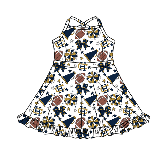 Preorder (moq 5)Baby Girls Strap Bows Stars Footballs Team Shorts Ruffle Knee Length Dress