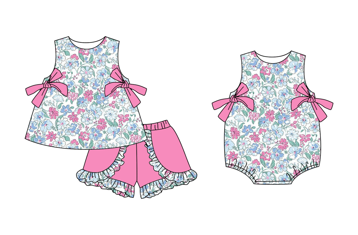 Preorder moq 5 Custom Baby Girls Sleeveless Floral Bows Tunic Pink Ruffle Short Set Rompers