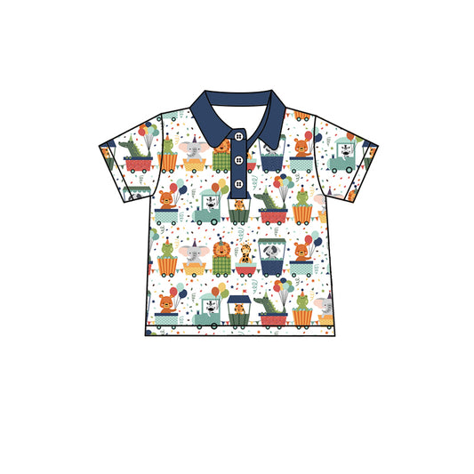 Preorder (moq 5)Baby Boys Navy Animals Short Sleeve Buttons Tee Shirts Tops