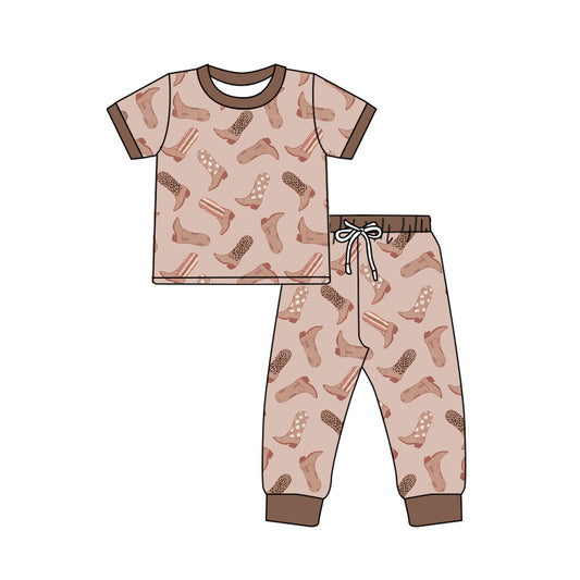 Baby Boys Brown Boots Western Short Sleeve Shirt Pants Pajamas Clothing Sets Preorder(moq 5)