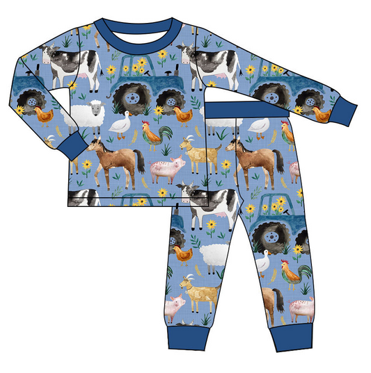 Preorder (moq 5)Baby Boys Blue Long Sleeve Chicks Cows Top Pants Farm Pajamas Sets