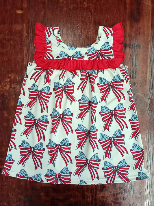 Preorder moq 5 Baby Girls Red Sleeveless Blue Red Stars Bows 4th Of July Knee Length Dress