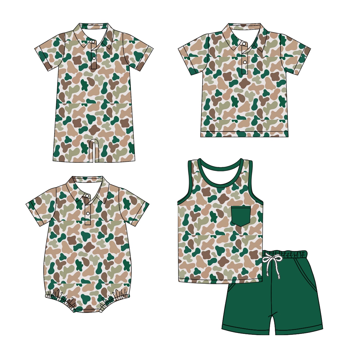 Preorder moq 5 Custom Baby Boys Green Short Sleeves Button Pocket Camo Top Short Set Polo Shirts And Rompers