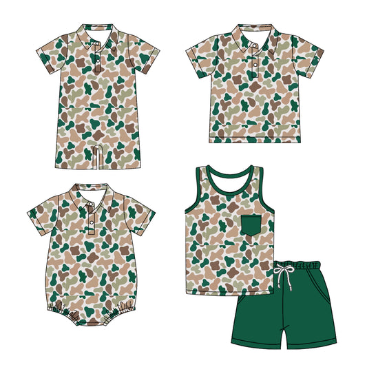 Preorder moq 5 Custom Baby Boys Green Short Sleeves Button Pocket Camo Top Short Set Polo Shirts And Rompers