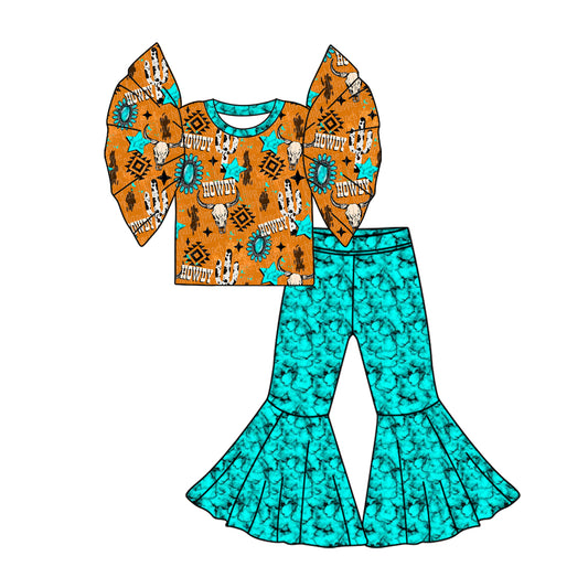 Preorder (moq 5)Baby Girls Howdy Cow Shirt Turquoise Bell Pants Clothes Sets