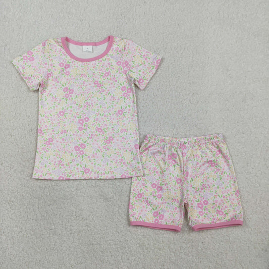 Baby Girls Short Sleeve Pink Flowers Top Shorts Pajamas Clothes Sets