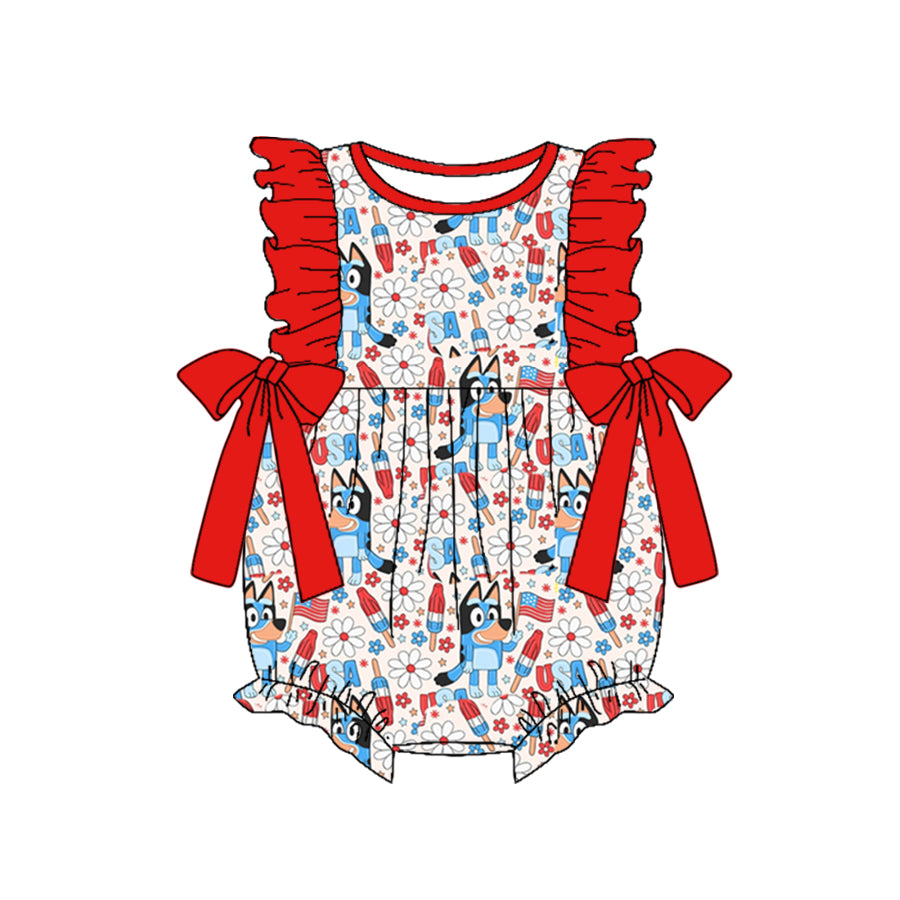 Baby Infant Girls 4th Of July Dog Bows Rompers preorder(moq 5)