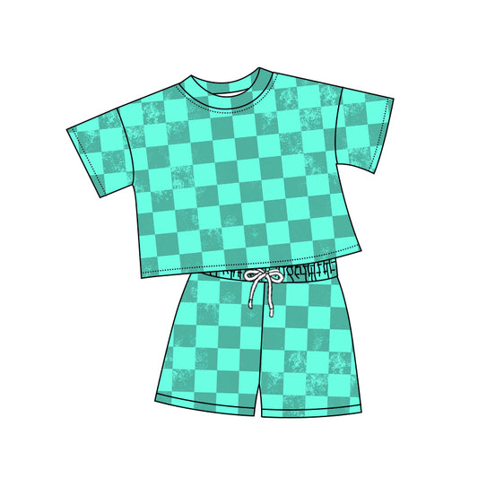 Preorder (moq 5)Baby Kids Green Checkered Top Shorts Clothes Sets