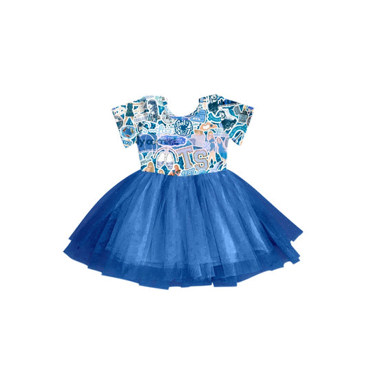 Baby Girls Blue Singer Summer Short Sleeve Tutu Knee Length Dresses Preorder(moq 5)
