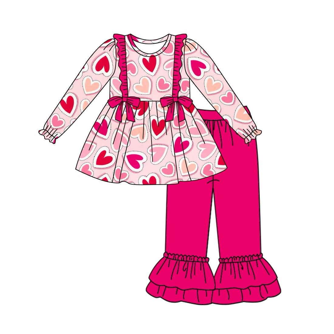 Baby Girls Valentines Hearts Bow Tunic Ruffle Pants Clothes Sets preorder(MOQ 5)