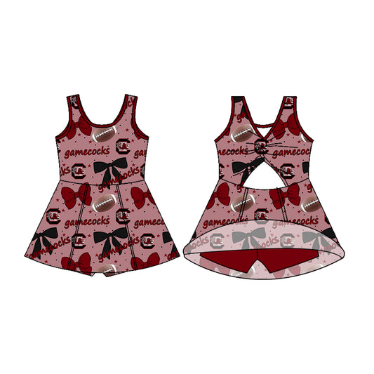 Preorder (moq 5)Baby Girls Sleeveless Bows Footballs Gamecock Shorts Team Knee Length Dresses