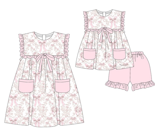 Preorder moq 5 Custom Baby Girls Pink Bows Floral Pockets Tunic Ruffle Short Set Knee Length Dresses