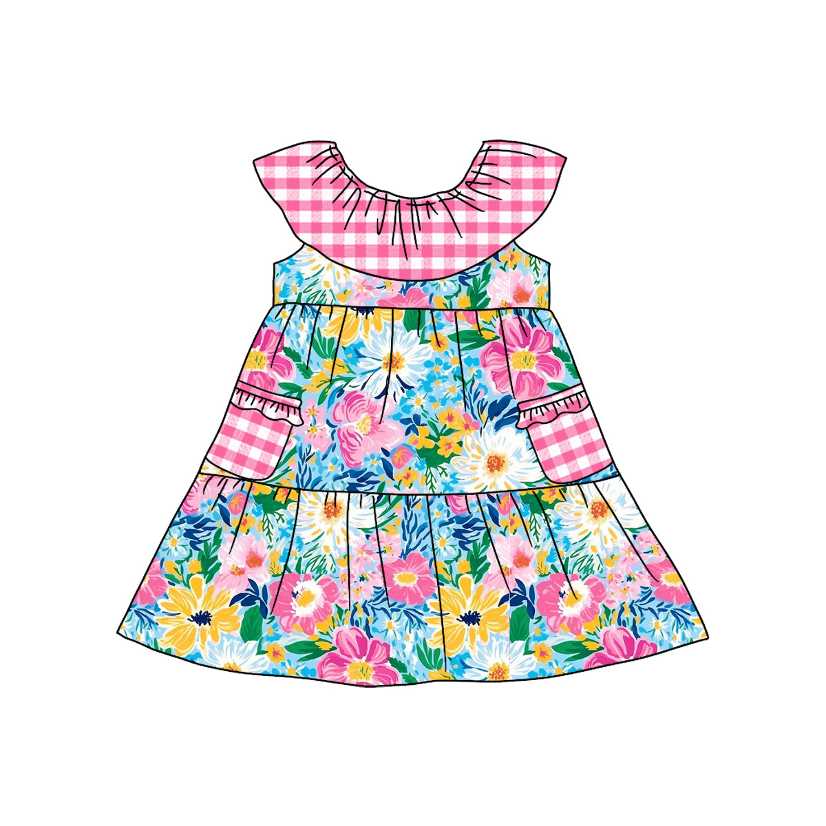 Baby Girls Blue Pink Flowers Pockets Knee Length Dresses Preorder(moq 5)