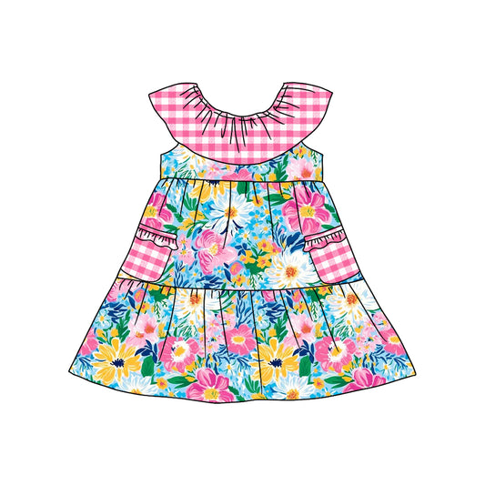 Baby Girls Blue Pink Flowers Pockets Knee Length Dresses Preorder(moq 5)