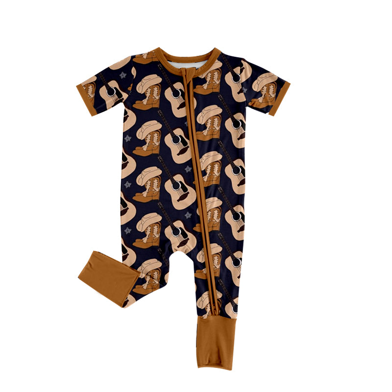 Baby Infant Kids Short Sleeve Brown Guitar Zip Summer Rompers preorder(moq 5)