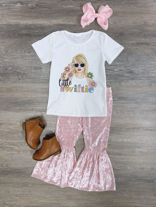Girls Little Swiftie Shirt Velvet Pink Bell Bottom Pants Clothes Sets