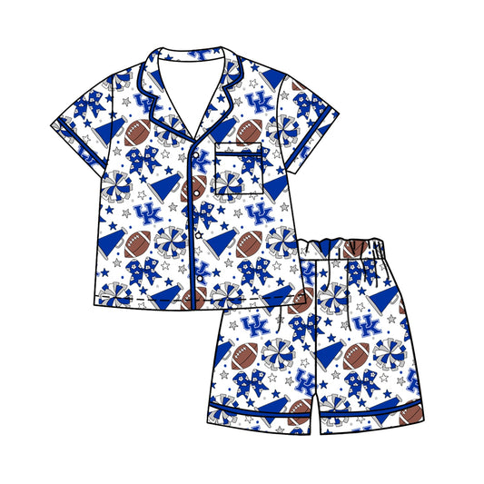 Preorder (moq 5)Baby Girls Footballs Bows Button Pocket Top Short Team Clothes Sets
