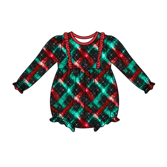 Baby Girls Christmas Green Red Checkered Long Sleeve Rompers Preorder(moq 5)