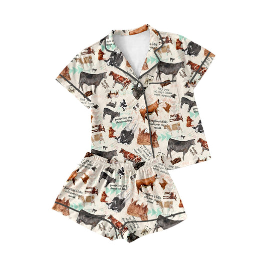 Adult Women Western Cows Summer Short Sleeve Tee Shirts Shorts Pajamas Sets Preorder(moq 5)