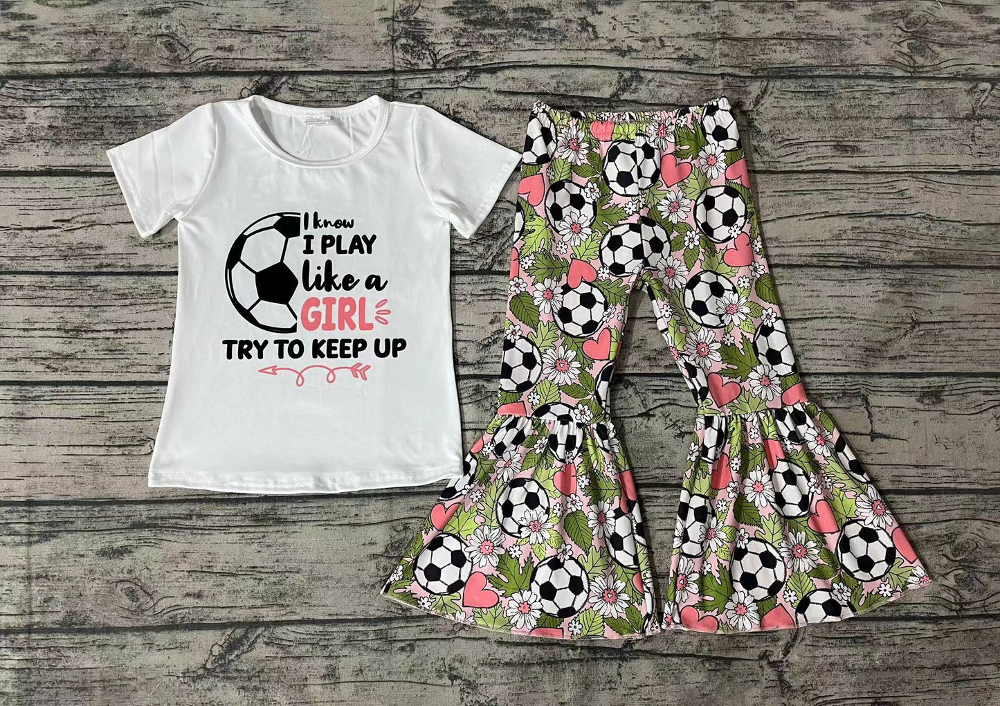 Baby Girls White Soccer Tee Shirt Top Bell Pants Clothes Sets